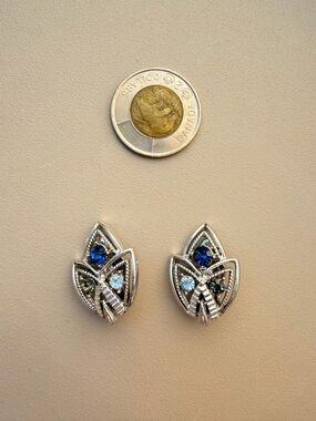 Vintage Sterling Silver Leaf Cluster Earrings clips with Blue and Green Stones